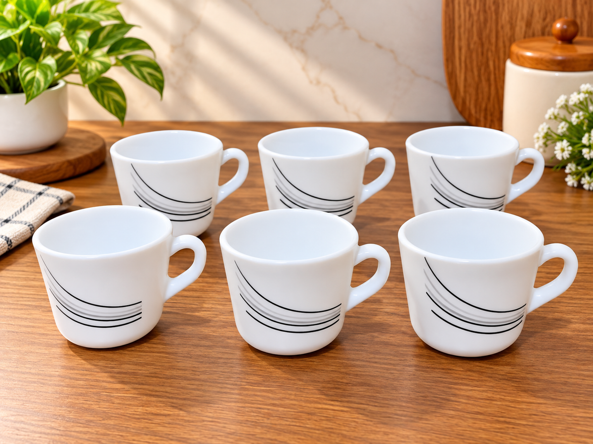 Cello Ricca Black Rays Cup Set 130 ML, Pack of 6 | Premium White Tea and Coffee Cups | Stylish Printed Cups for Tea, Coffee, Milk and Everyday Use