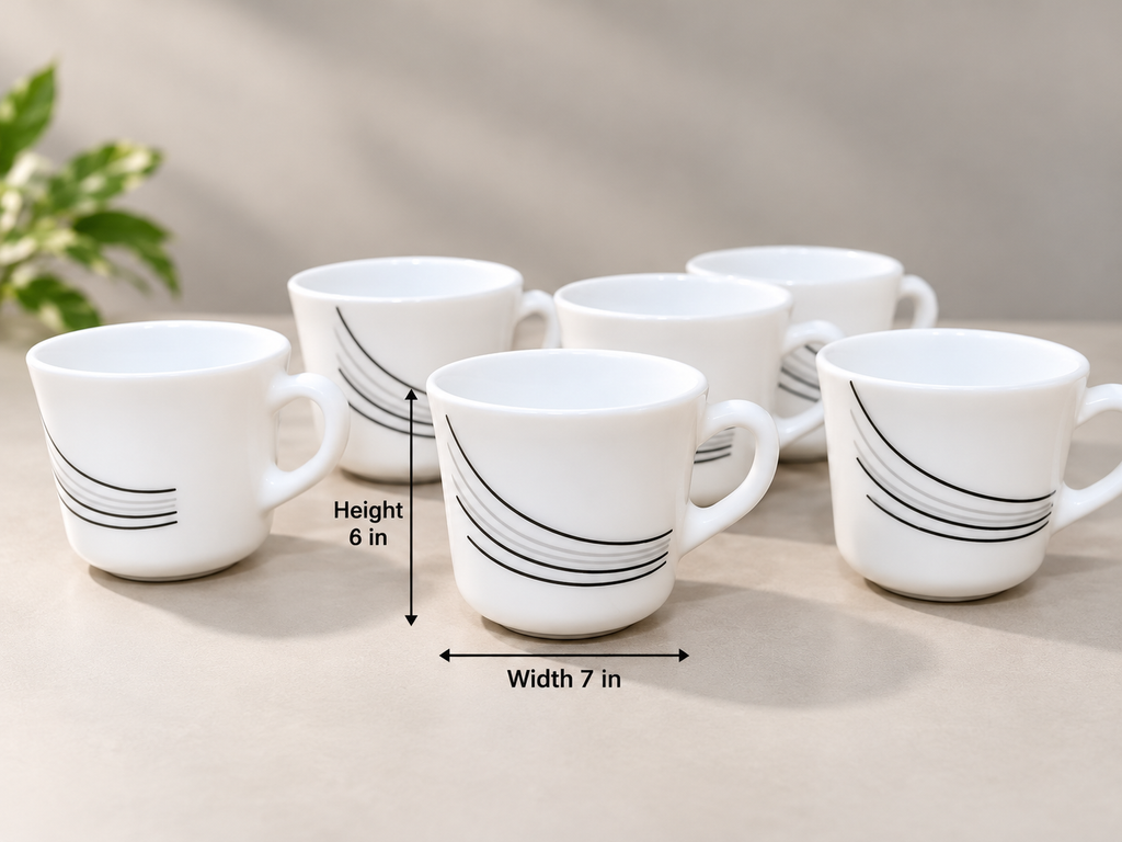 Cello Ricca Black Rays Cup Set 130 ML, Pack of 6 | Premium White Tea and Coffee Cups | Stylish Printed Cups for Tea, Coffee, Milk and Everyday Use