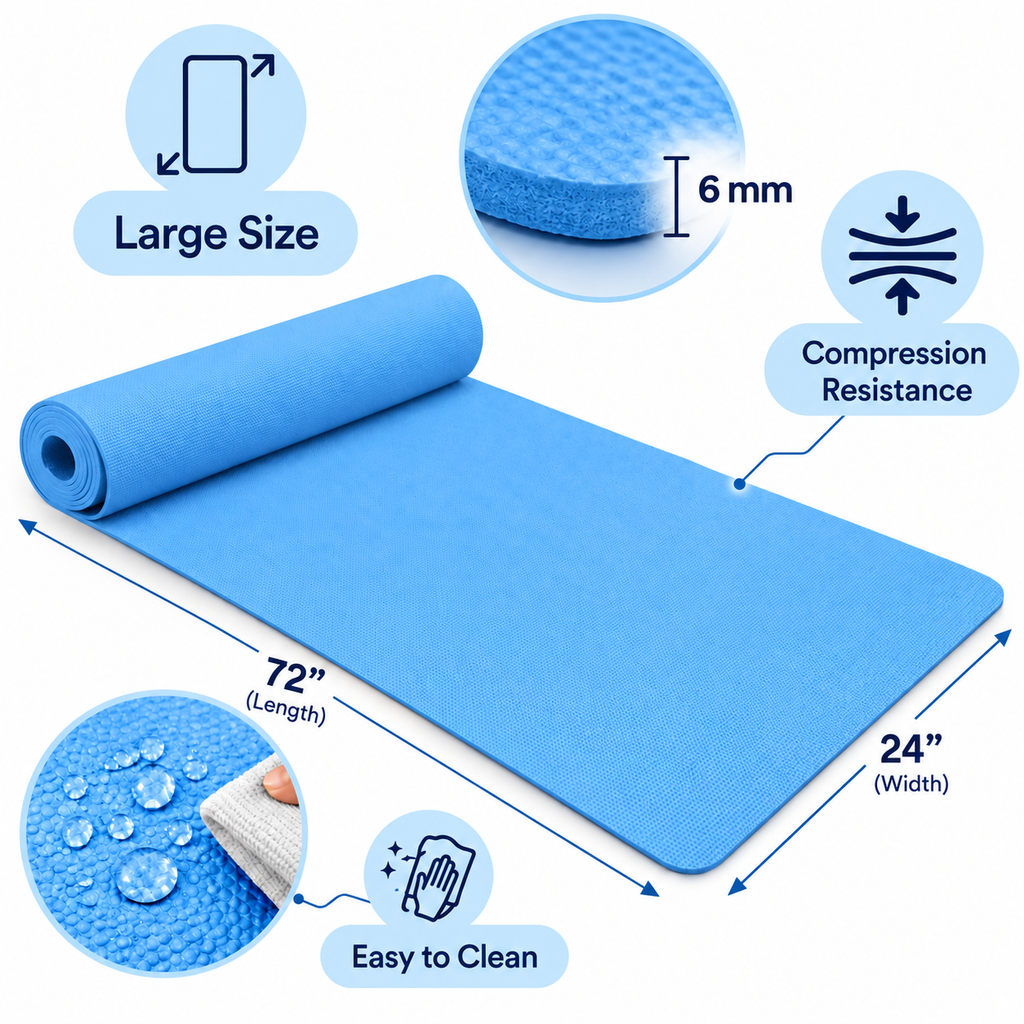 Blue 6mm Thick Yoga Mat 72 x 24 Inch, Large Size Non-Slip Exercise Mat for Men & Women | Water Resistant, Easy to Clean, Cushioned Fitness Mat for Yoga, Workout, Pilates & Home Gym