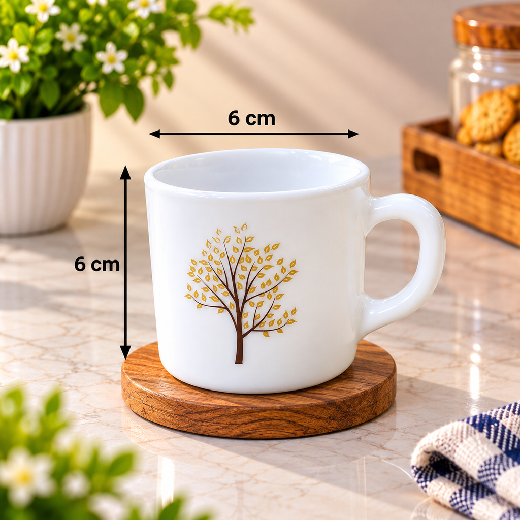 Cello Stella Tree of Life Cup Set of 6, 100 ML Each | White Printed Tea Cups with Elegant Golden Tree Design | Small Cups for Tea, Coffee, Milk and Beverage Serving