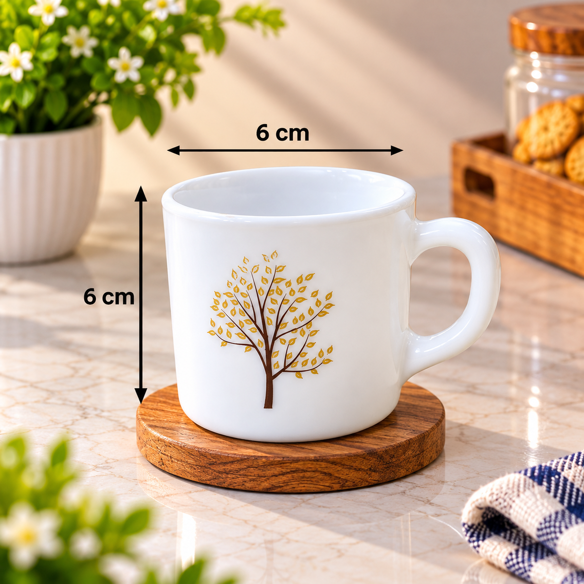 Cello Stella Tree of Life Cup Set of 6, 100 ML Each | White Printed Tea Cups with Elegant Golden Tree Design | Small Cups for Tea, Coffee, Milk and Beverage Serving