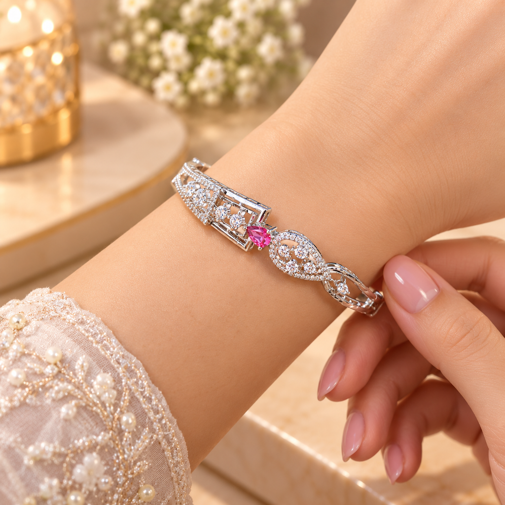 Women’s Silver-Tone Pink Stone Designer Bangle Bracelet with Sparkling Crystal Embellishments, Elegant Fashion Jewellery for Party, Wedding & Festive Wear