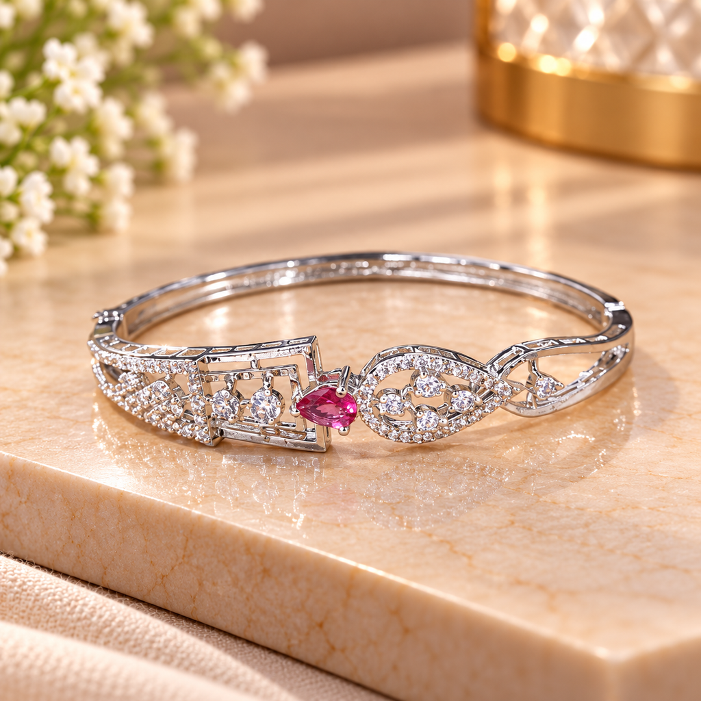 Women’s Silver-Tone Pink Stone Designer Bangle Bracelet with Sparkling Crystal Embellishments, Elegant Fashion Jewellery for Party, Wedding & Festive Wear