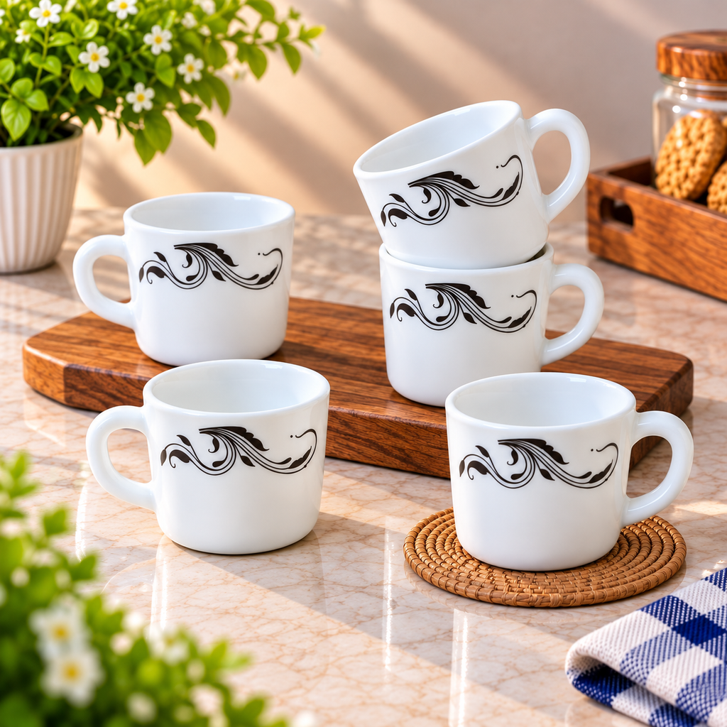 Cello Stella Twirla Cup Set of 6, 100 ML Each | White Printed Tea Cups with Elegant Black Swirl Design | Small Cups for Tea, Coffee, Milk and Beverage Serving