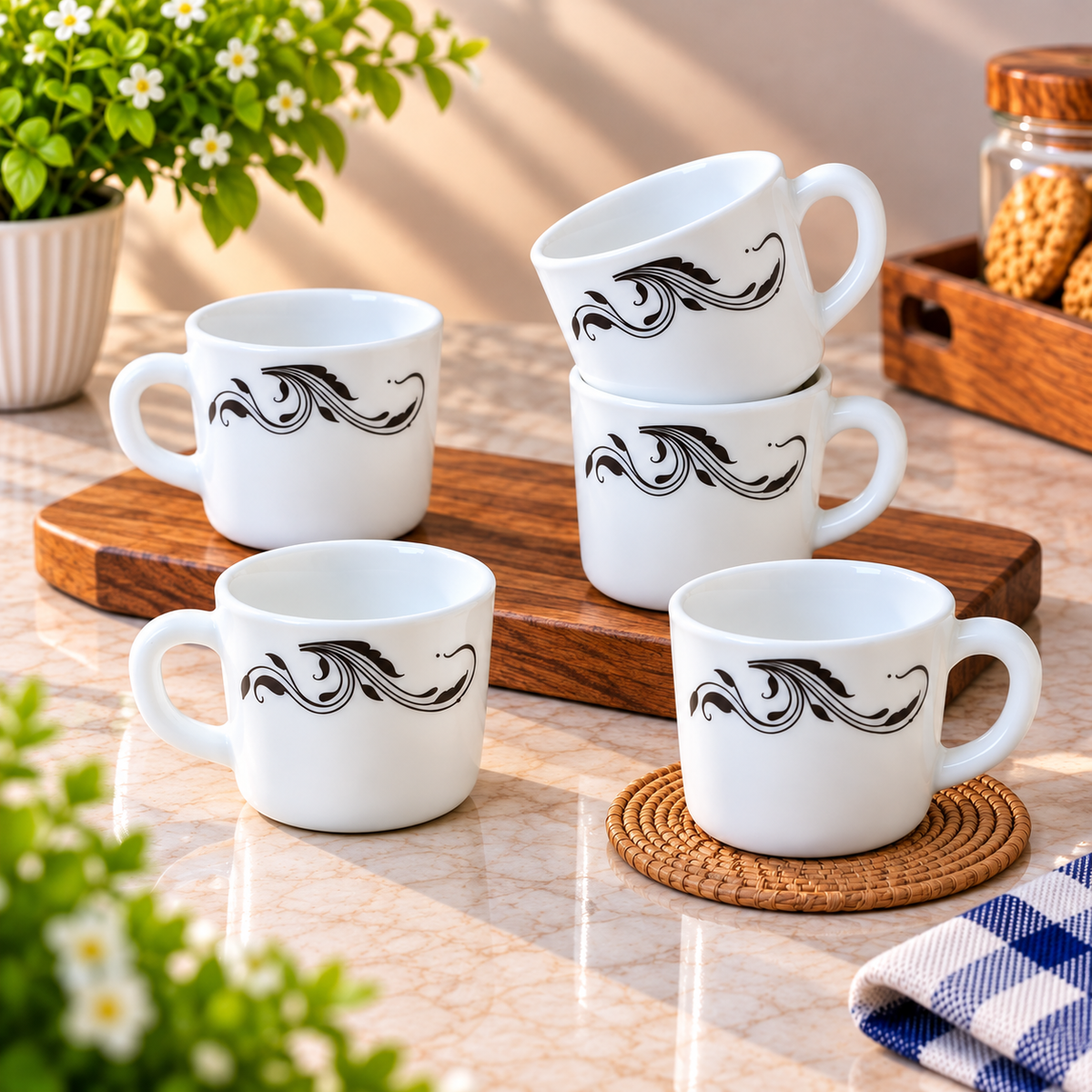 Cello Stella Twirla Cup Set of 6, 100 ML Each | White Printed Tea Cups with Elegant Black Swirl Design | Small Cups for Tea, Coffee, Milk and Beverage Serving