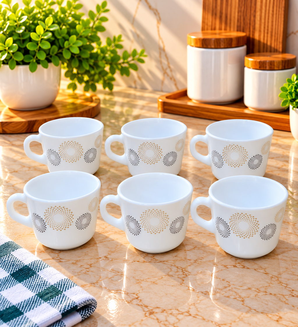 Cello Prince Crazy Dots Cup Set of 6, 130 ML Each | Stylish White Tea Cups with Golden and Grey Dot Pattern | Coffee, Tea & Milk Cups for Home, Kitchen, Office & Gifting