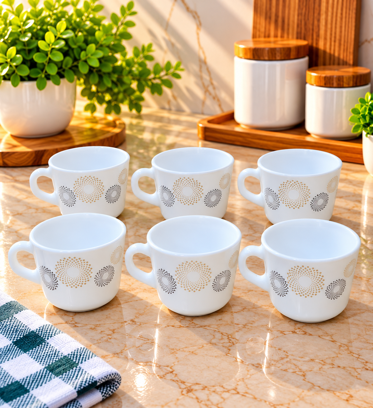 Cello Prince Crazy Dots Cup Set of 6, 130 ML Each | Stylish White Tea Cups with Golden and Grey Dot Pattern | Coffee, Tea & Milk Cups for Home, Kitchen, Office & Gifting