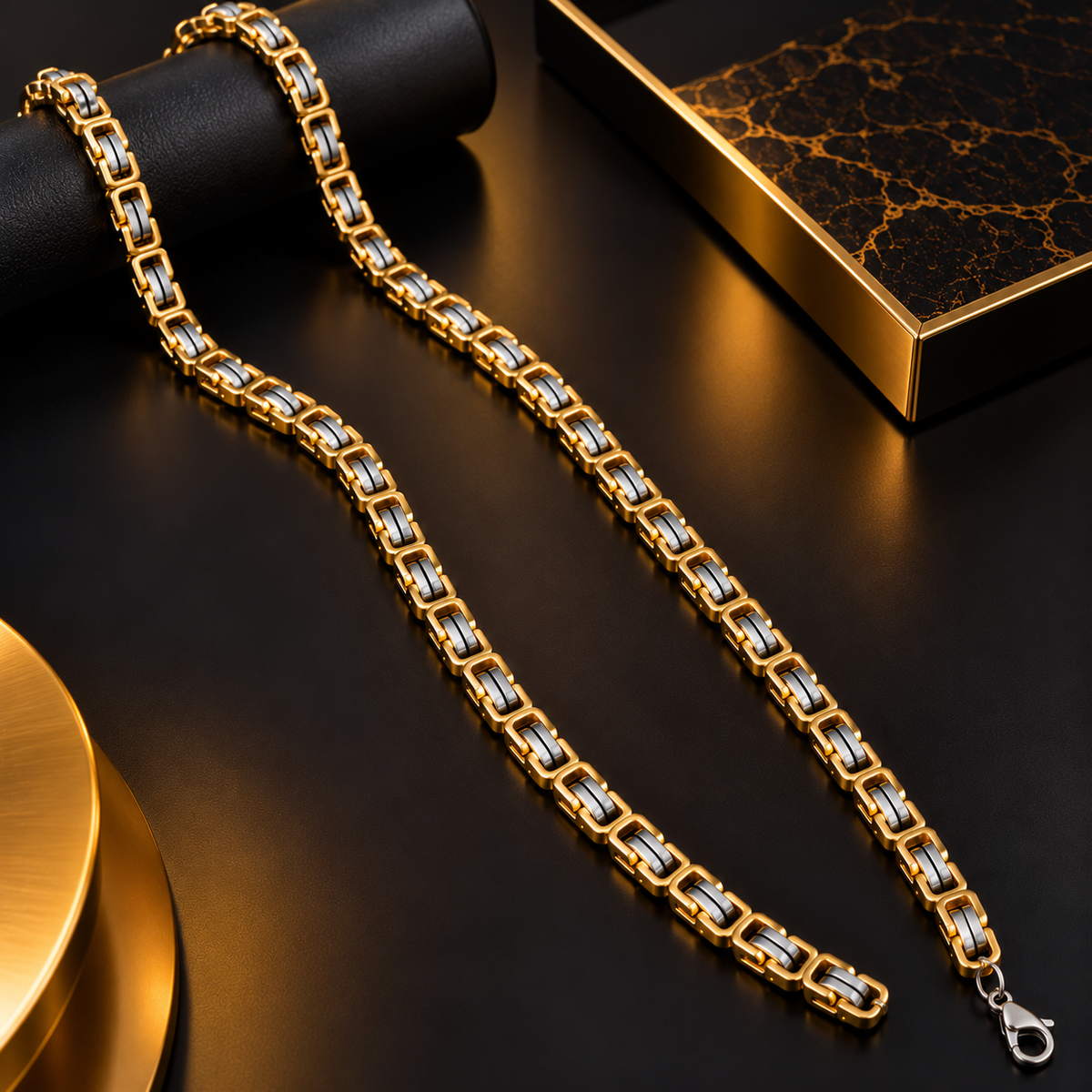 Stainless Steel Two Tone Gold and Silver Chain for Men, 54 cm Length, 7 mm Width | Stylish Geometric Link Necklace with Gold Finish, Modern Fashion Jewellery for Party Wear & Gifting