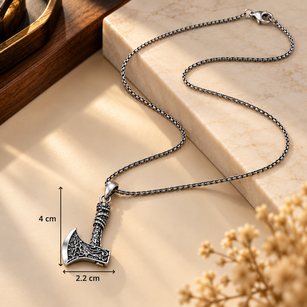 Stainless Steel Silver Axe Pendant Necklace for Men, 62 cm Long, 2 mm Chain Width | Antique Viking Style Hatchet Pendant, Gothic Fashion Jewellery for Party Wear, Casual Wear & Gifting