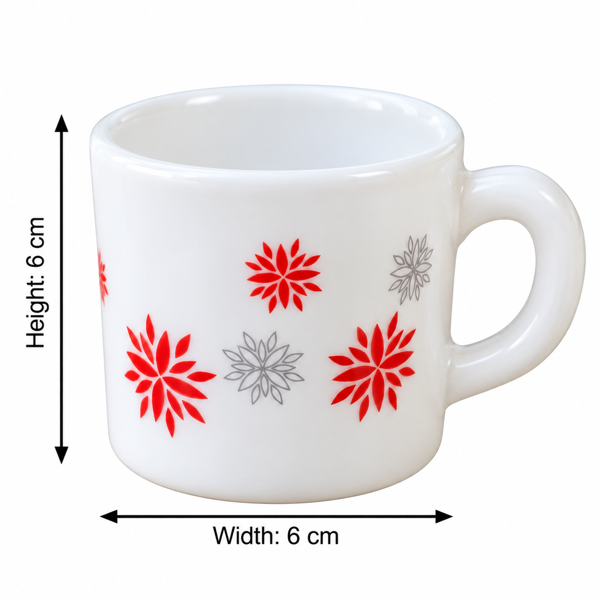 Cello Stella Magical Star Cup Set of 6, 100 ML Each | White Floral Printed Tea and Coffee Cups | Red and Grey Star Flower Design Small Beverage Cups for Home, Office, Espresso and Gifting