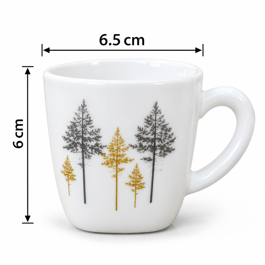 Cello Vogue Golden Pine Cup Set of 6, 100 ML Each | White Floral Printed Tea Cups with Golden & Black Pine Tree Design | Stylish Cups for Tea, Coffee & Milk | Elegant Kitchen Drinkware Set