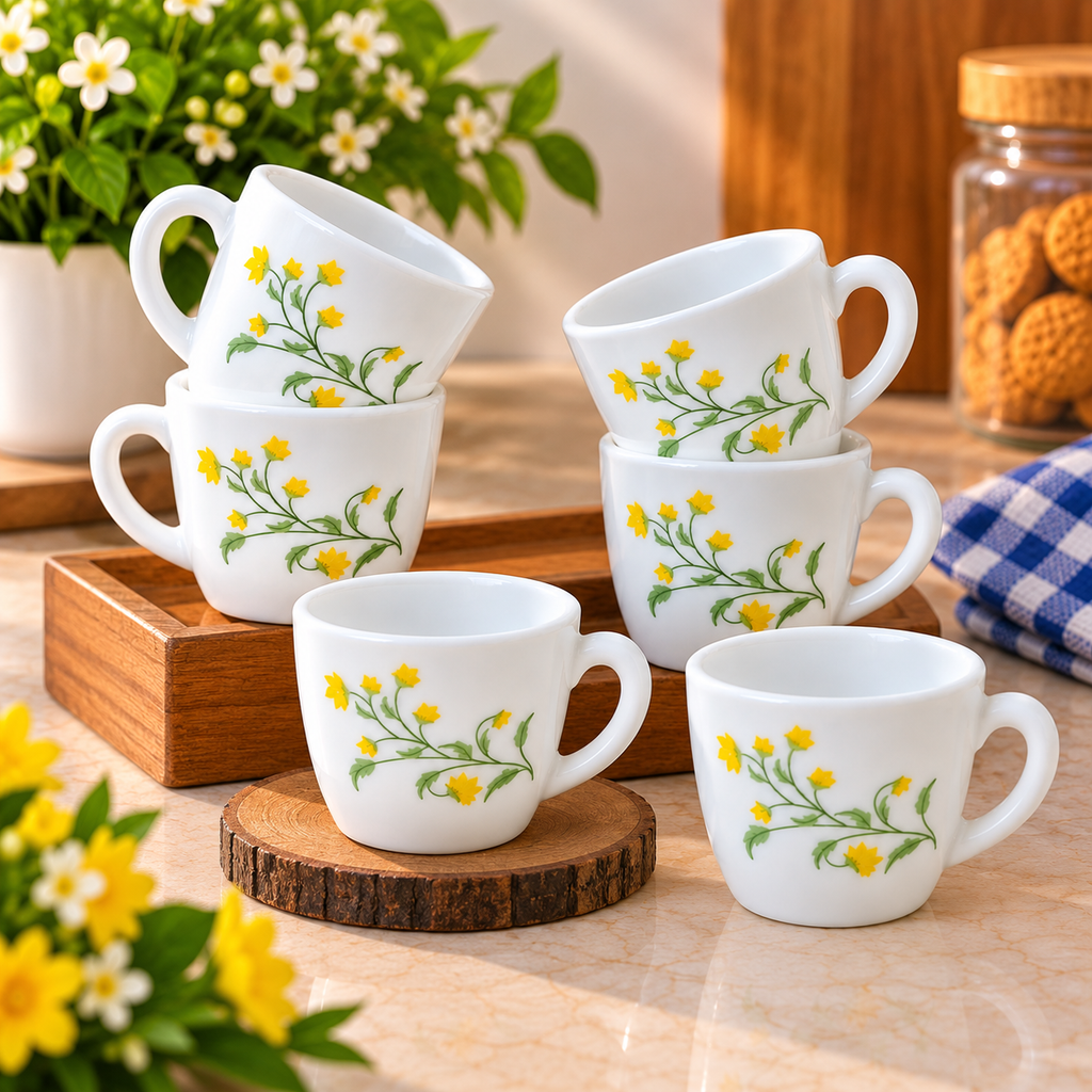Cello Ricca Yellow Grapevine Cup Set of 6, 100 ML | White Tea Cups with Yellow Floral Vine Design | Stylish Small Cups for Tea, Coffee, Milk, Espresso & Everyday Use