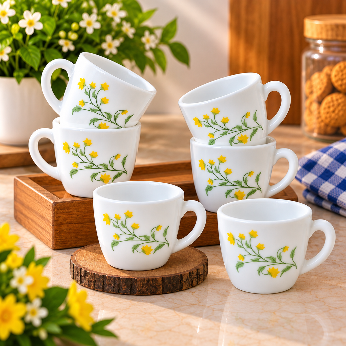 Cello Ricca Yellow Grapevine Cup Set of 6, 100 ML | White Tea Cups with Yellow Floral Vine Design | Stylish Small Cups for Tea, Coffee, Milk, Espresso & Everyday Use
