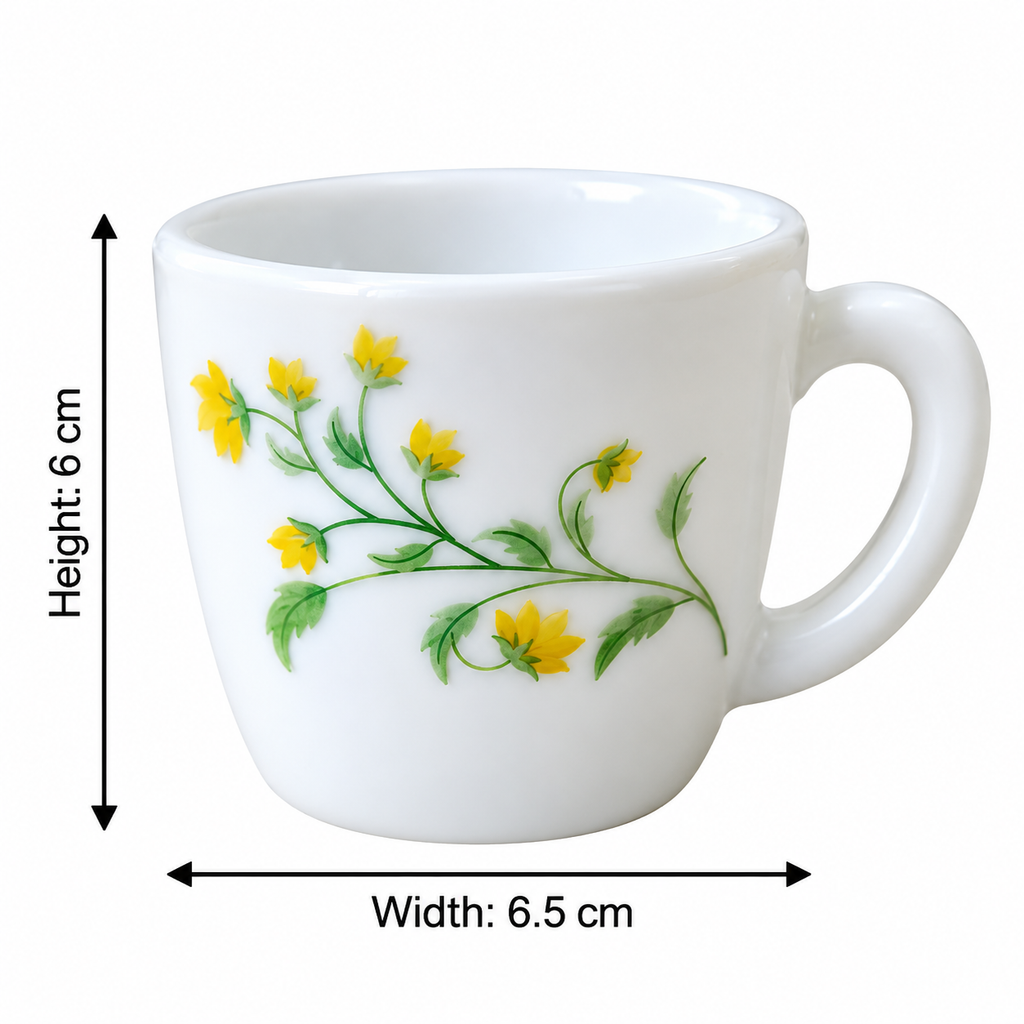 Cello Ricca Yellow Grapevine Cup Set of 6, 100 ML | White Tea Cups with Yellow Floral Vine Design | Stylish Small Cups for Tea, Coffee, Milk, Espresso & Everyday Use