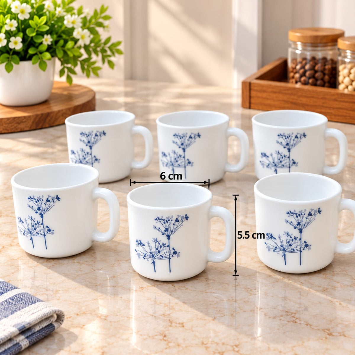 La Opala Aqua Spray Cup Set of 6, 120 ML | Elegant Blue Floral Printed Tea & Coffee Cups | White Ceramic Cups for Home, Office & Gifting